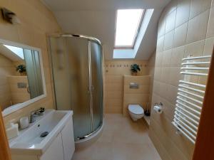 a bathroom with a shower and a toilet and a sink at Apartamenty LeVilla in Rewa +91 photos