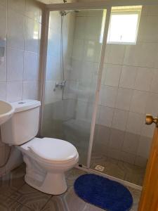 un bagno con doccia, WC e lavandino di Cabañas y Camping Playa Hermosa a Los Ángeles