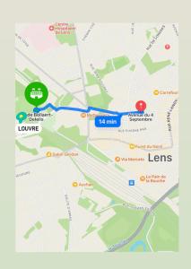 a map of the bus route at Terrils jumeaux, à 400 m du stade, proche Louvre in Lens