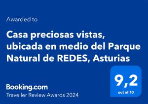 Sertifikāts, apbalvojums, norāde vai cits dokuments, kas ir izstādīts apskatei naktsmītnē Casa preciosas vistas, ubicada en medio del Parque Natural de REDES, Asturias