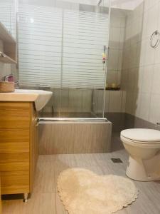 a bathroom with a toilet and a shower and a sink at Sky view in Konístrai +32 photos