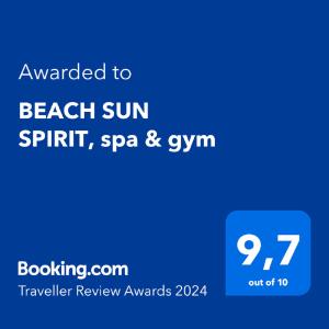 Ett certifikat, pris eller annat dokument som visas upp på BEACH SUN SPIRIT, spa & gym