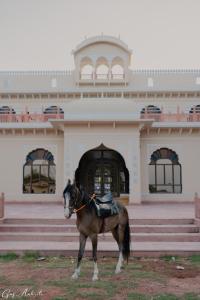 un cheval debout devant un bâtiment dans l'établissement BR Resort & Club, à Bhonrāsa