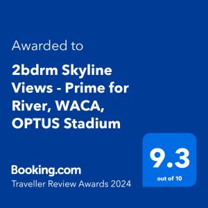 a screenshot of a phone with the text upgraded to abraminyiny views prime at 2bdrm Skyline Views - Prime for River, WACA, OPTUS Stadium in Perth