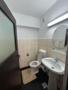 Un baño con inodoro, lavabo y espejo. en Apartament de 3 camere zona Obcini, en Suceava