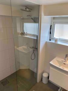 a bathroom with a glass shower and a sink at Copenhagen Open Plan House in Hellerup in Hellerup