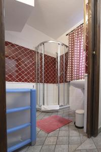y baño con ducha y alfombra roja. en Au Petit Chevrot en Aosta