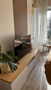 a living room with a flat screen tv on a cabinet at Studio face au Bassin d'Arcachon in Andernos-les-Bains