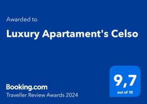 Certifikát, ocenenie alebo iný dokument vystavený v ubytovaní Luxury Apartament's Celso