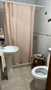 ein Bad mit einem WC, einem Waschbecken und einer Dusche in der Unterkunft Room in El Chalten