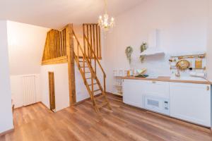 ブラショヴにあるFernweh Haus Brasovの部屋の中央にハシゴ付きのキッチン +14枚の写真