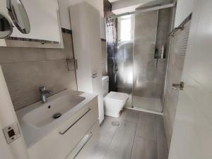 a bathroom with a sink and a toilet and a shower at La casa del mercado in Córdoba