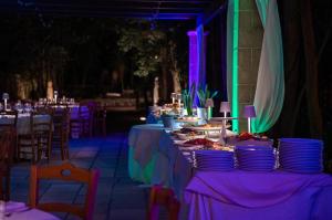 un tavolo predisposto per una festa con illuminazione viola e verde di Relais Casina Copini a Spongano