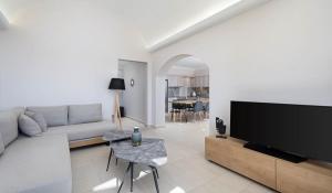 Agia ParaskeviにあるLovely Santorini Villa - 2 Bedroom Villa - Private Jacuzzi and Charismatic Interior - Vothonasのリビングルーム(ソファ、薄型テレビ付)