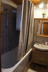ein Bad mit einem Duschvorhang und einem Waschbecken in der Unterkunft Waldchalet Tulfes in Rinn