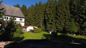 una casa en medio de un patio con árboles en Alte Mühle - Ferienwohnung Tamara, en Herdwangen-Schönach