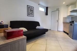 een woonkamer met een zwarte bank en een keuken bij studio Les merles à Saint-Égrève in Saint-Égrève
