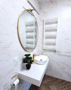 a bathroom with a sink and a mirror at APARTAMENT JARACZA 28/11 in Słupsk