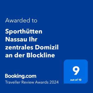 Сертификат, награда, вывеска или другой документ, выставленный в "Sporthütten Nassau" Ihr zentrales Domizil an der Blockline