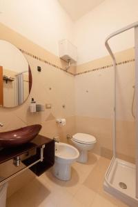 La salle de bains est pourvue d'un lavabo, de toilettes et d'une douche. dans l'établissement Casa vacanze Il Pugnalone, à Acquapendente