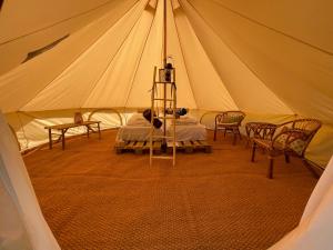 uma tenda com uma cama e cadeiras em Mellem-rummet Guesthouse & Glamping em Tanderup