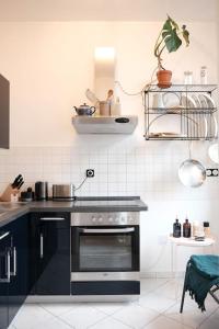 a kitchen with a stove top oven in a kitchen at Schickes Apartment in Zwickau direkt am Römerplatz in Zwickau