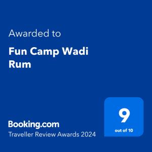 Certifikát, ocenenie alebo iný dokument vystavený v ubytovaní Fun Camp Wadi Rum
