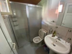 uma casa de banho com um chuveiro, um WC e um lavatório. em Camel Hotel & Apart em Antalya