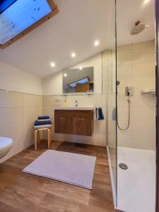 a bathroom with a shower and a sink and a toilet at Ferienwohnung Malerlehen in Schönau am Königssee