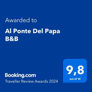 Ett certifikat, pris eller annat dokument som visas upp på Al Ponte Del Papa B&B