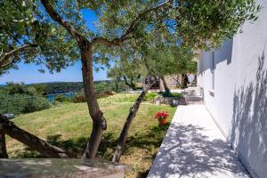 a walkway next to a white building with a tree at Spacious modern One bedroom Apartment with Garden & SeaView in Rab