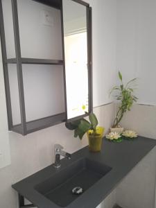 um lavatório de casa de banho com um grande espelho por cima em Casita independiente con jardin em Cercedilla