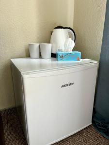 a white refrigerator with two cups and a tea kettle on it at 4Room Hostel in Kyiv