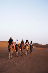 a group of people riding horses in the desert at Ibra desert Camp in Merzouga