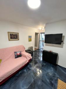 uma sala de estar com um sofá e uma televisão de ecrã plano em Casetta San Donato em Turim