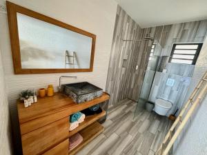 Un baño con lavabo y ducha con espejo. en Villa Paradis Piscine et jacuzzi bord de mer, en Trois Bassins 16 fotos más