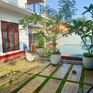a patio with four potted plants in front of a house at Osh villa in Hikkaduwa
