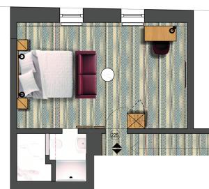 Grundriss eines Zimmers mit einem Bett in der Unterkunft Hotel Miriquidi in Kurort Oberwiesenthal