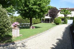 a walkway with a tree and a bench in a yard at Casa del Merlo in SantʼAndrea di Compito