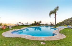 Una gran piscina en un patio con una palmera. en Al Alba Townhouse with Community Pool and Padel, en La Herradura