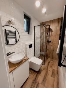 a bathroom with a sink and a toilet and a shower at Domki Fajnie.Tu in Łączna +70 photos