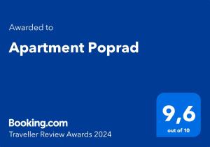 Un certificat, premiu, logo sau alt document afișat la Apartment Poprad