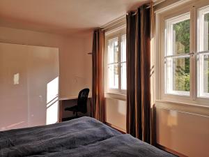 ein Schlafzimmer mit einem Bett und zwei Fenstern in der Unterkunft BMS BALANCE - Gemütliche 4 Sterne Möblierung neben dem Parkhotel in Wolfsburg