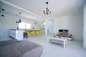 a living room with a couch and a kitchen with yellow chairs at Villa Fiore in Žarović