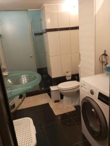 ein Badezimmer mit einem Waschbecken, einem WC und einer Waschmaschine in der Unterkunft Κατερινα in Athen