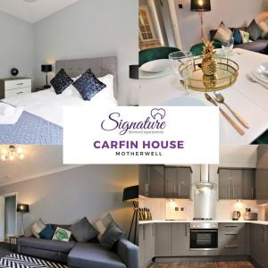 a kitchen and a living room with a bed and a couch at Signature - Carfin House in Carfin
