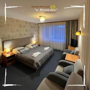 オストシツェにあるCentrum Rekreacji U Stolemaのベッドルーム(ベッド1台、ソファ、テレビ付)