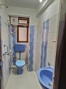 een badkamer met een blauw toilet en een wastafel bij GRG Mountview By Darjeeling in Darjeeling