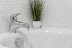 a sink with a faucet and a vase with a plant at Spacious City Centre Apartment - Balcony - Smart TV - WIFI- 448A in Birmingham