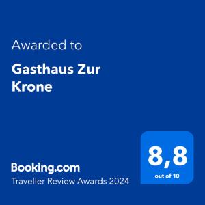 Certifikát, hodnocení, plakát nebo jiný dokument vystavený v ubytování Gasthaus Zur Krone
